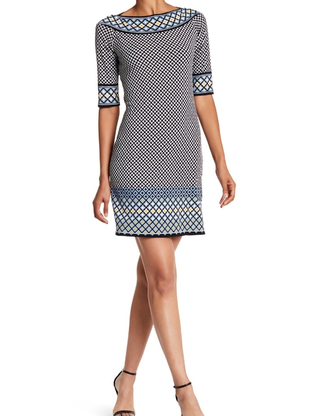 MAX STUDIO Navy/White Mixed Print Sheath D…